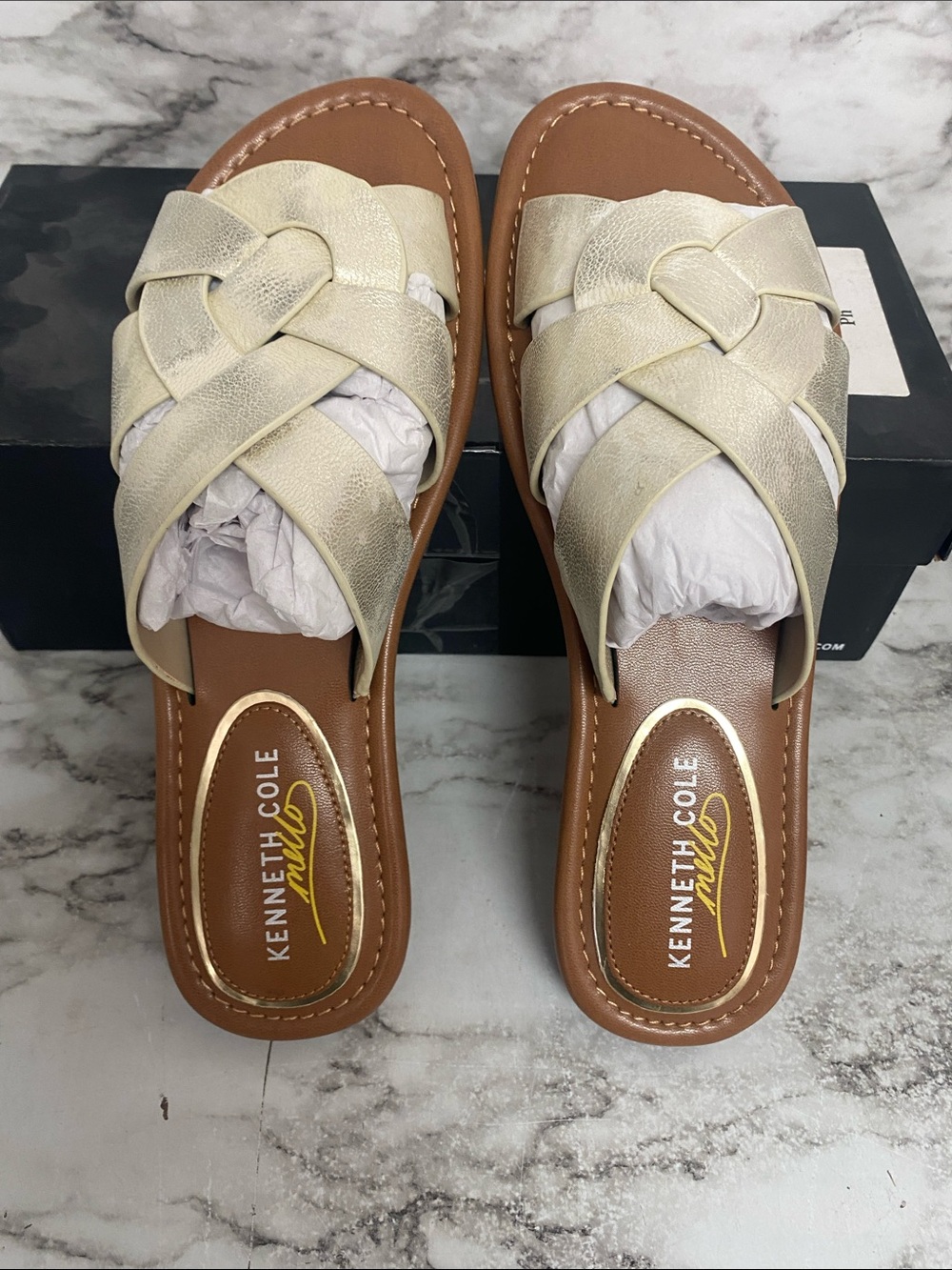 Kenneth Cole Metallic Braided Leather Slide Sandals in Gold/Tan